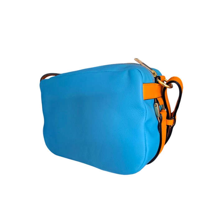 Bolso Bandolera Tres Asas Eos Piel Aguamarina, Azul Cielo y Naranja Caqui - Imagen 2