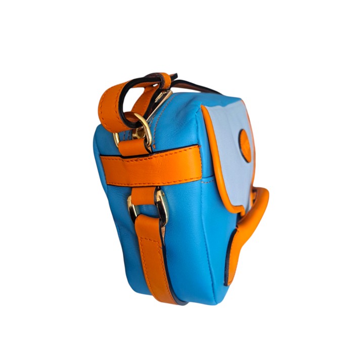 Bolso Bandolera Tres Asas Eos Piel Aguamarina, Azul Cielo y Naranja Caqui - Imagen 3