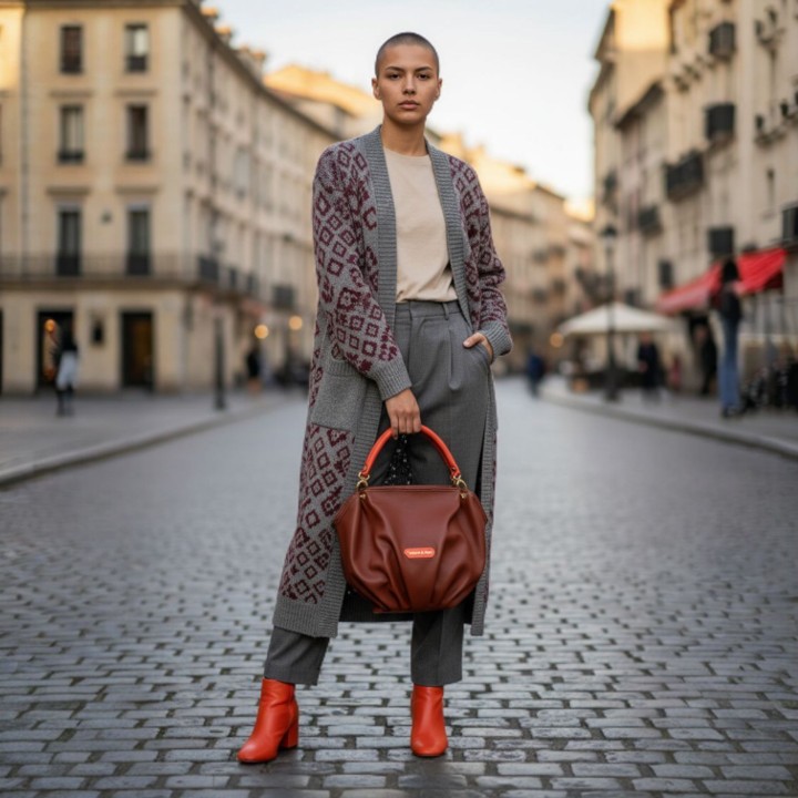 Mujer con bolso de hombro Dante marrón castaña de Valgut & Bag – diseño artesanal hecho en España